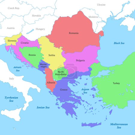 Illustration for Color political map of Balkans with borders of the countries. - Royalty Free Image
