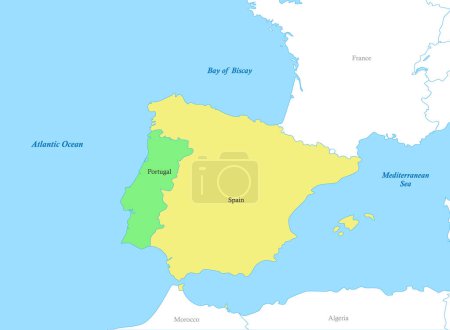 Mapa político a color del suroeste de Europa con las fronteras de los países. Península Ibérica
