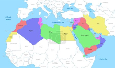 Téléchargez les illustrations : Carte politique en couleur de la région MENA avec les frontières des États. Moyen-Orient et Afrique du Nord - en licence libre de droit