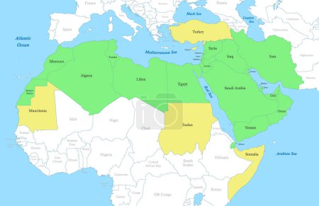 Ilustración de Mapa de color político de la región MENA con fronteras de los estados. Oriente Medio y Norte de África - Imagen libre de derechos
