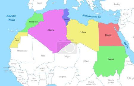 Téléchargez les illustrations : Carte politique en couleur de l'Afrique du Nord avec les frontières des États. - en licence libre de droit