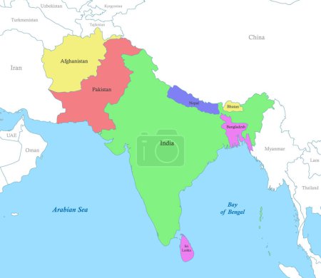 Téléchargez les illustrations : Carte politique en couleur de l'Asie du Sud avec les frontières des États. - en licence libre de droit