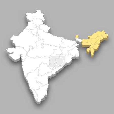 Ilustración de Zona Noreste ubicación dentro de la India mapa isométrico 3d - Imagen libre de derechos