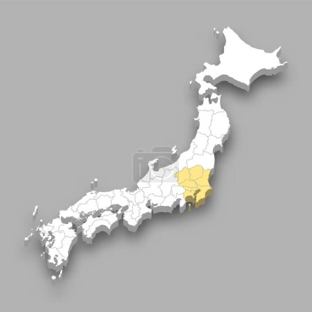 Ubicación de la región de Kanto dentro de Japón mapa isométrico 3d
