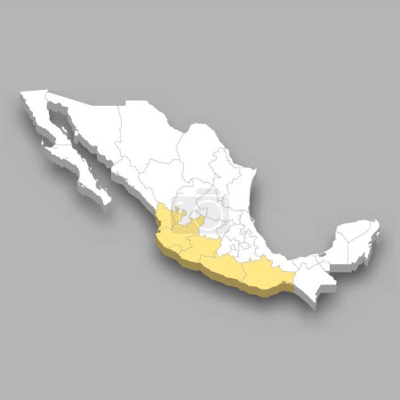 Téléchargez les illustrations : Situation de la région de la côte du Pacifique au Mexique Carte isométrique 3D - en licence libre de droit