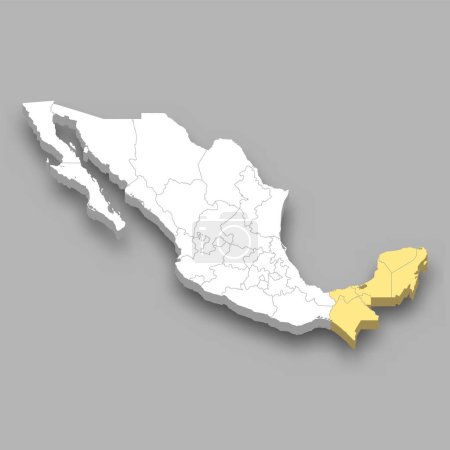 Téléchargez les illustrations : Yucatan et la région du Sud emplacement au Mexique Carte isométrique 3d - en licence libre de droit