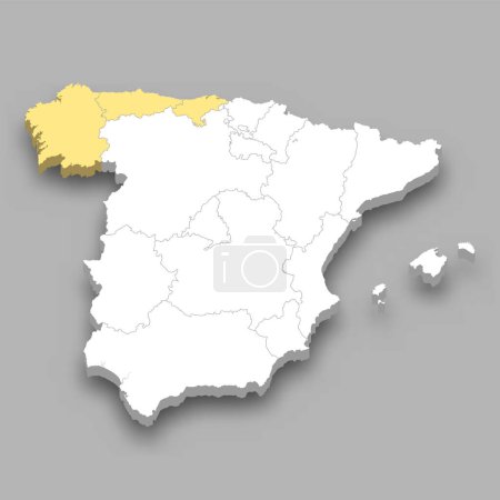 Téléchargez les illustrations : Situation de la région Nord-Ouest en Espagne Carte isométrique 3d - en licence libre de droit