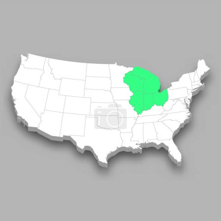 Ilustración de East North Central division ubicación dentro de Estados Unidos mapa isométrico 3d - Imagen libre de derechos