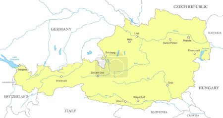 Ilustración de Mapa político de Austria con fronteras nacionales, ciudades y ríos - Imagen libre de derechos