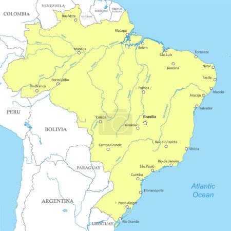 Ilustración de Mapa político de Brasil con fronteras nacionales, ciudades y ríos - Imagen libre de derechos