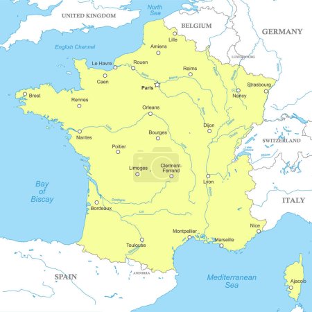 Political map of France with national borders, cities and rivers