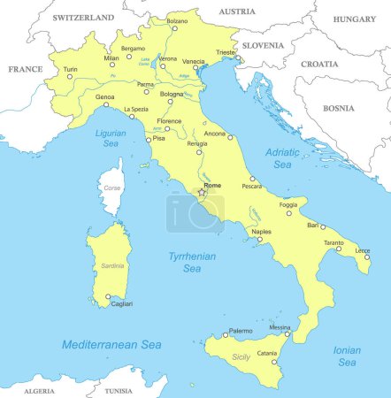 Mapa político de Italia con fronteras nacionales, ciudades y ríos