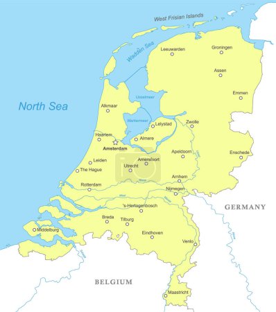 Ilustración de Mapa político de Países Bajos con fronteras nacionales, ciudades y ríos - Imagen libre de derechos