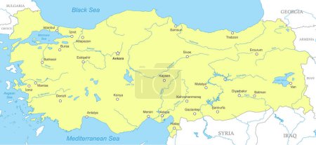 Ilustración de Mapa político de Turquía con fronteras nacionales, ciudades y ríos - Imagen libre de derechos