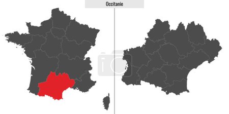 Illustration for Map of Occitanie region of France and location on French map - Royalty Free Image