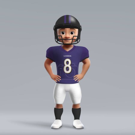 Ilustración de 3d dibujos animados lindo joven jugador de fútbol americano en Baltimore Ravens uniforme. Jersey del equipo de fútbol - Imagen libre de derechos