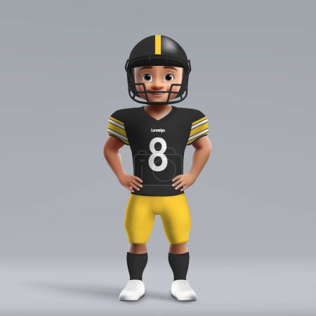 Téléchargez les illustrations : 3d dessin animé mignon jeune footballeur américain en uniforme Steelers de Pittsburgh. maillot équipe de football - en licence libre de droit