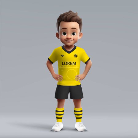 3D-Cartoon niedlicher junger Fußballer in Fußballuniform von Borussia Dortmund. Trikot der Fußballmannschaft