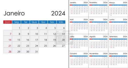 Calendario 2024 en lengua portuguesa, la semana comienza el domingo. Plantilla vectorial