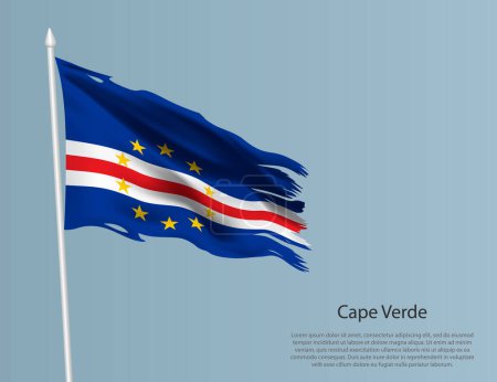 Ilustración de Bandera nacional irregular de Cabo Verde. Tejido ondulado desgarrado sobre fondo azul. Ilustración vectorial realista - Imagen libre de derechos