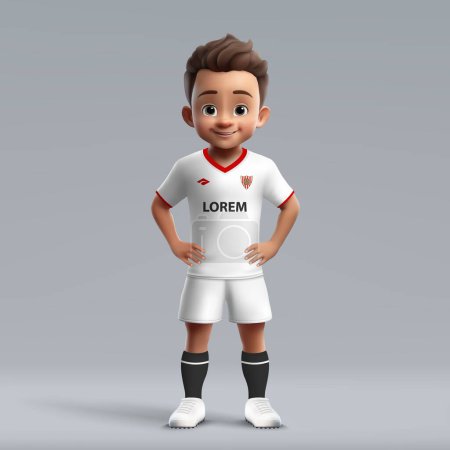 Illustration for 3d cartoon cute young soccer player in Sevilla football uniform. Football team jersey - Royalty Free Image