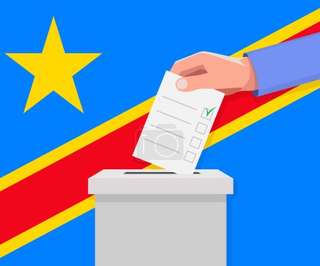 Téléchargez les illustrations : Concept électoral de la RD Congo. Hand met le bulletin de vote dans la boîte de vote. - en licence libre de droit