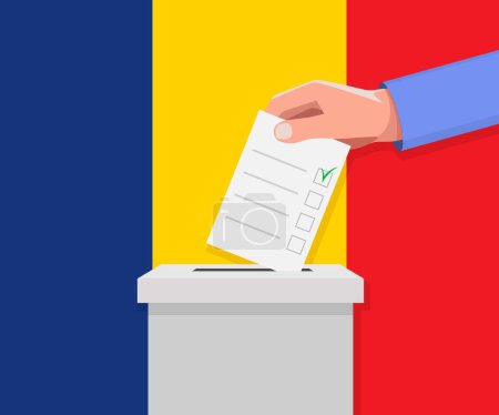 Wahlkonzept für Rumänien. Hand legt Stimmzettel in Wahlurne.