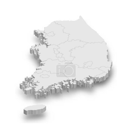 3d Südkorea weiße Landkarte mit isolierten Regionen auf weißem Hintergrund