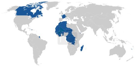 French language speaking countries on political map of the world