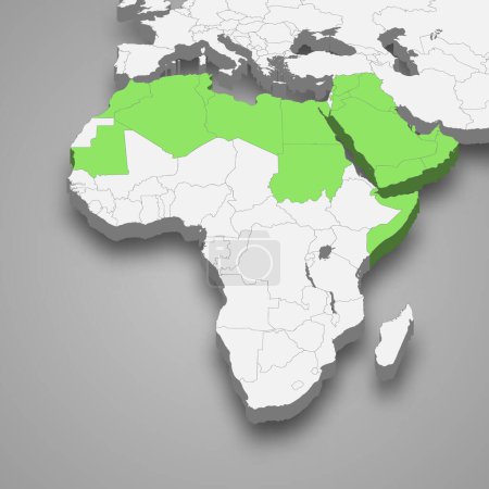 Situation de la Ligue arabe en Afrique Carte isométrique 3d