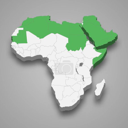 Situation de la Ligue arabe en Afrique Carte isométrique 3d