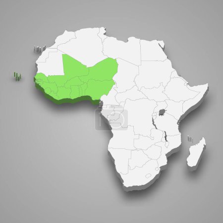 Wirtschaftsgemeinschaft Westafrikanischer Staaten Lage innerhalb Afrikas 3d isometrische Karte