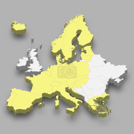 Lage des Schengen-Raums innerhalb Europas 3d isometrische Karte