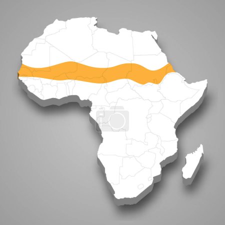 Lage der Sahelzone innerhalb Afrikas 3d isometrische Karte