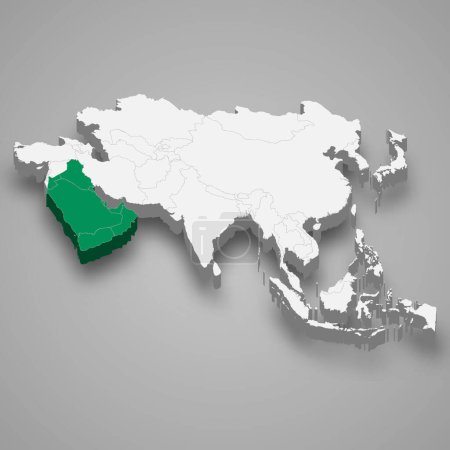 Lage der Arabischen Halbinsel innerhalb Asiens 3d isometrische Karte