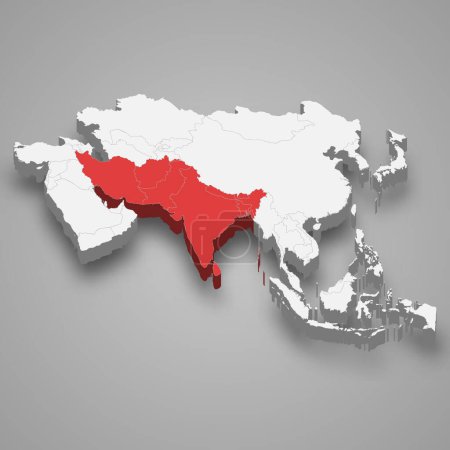 Asia meridional ubicación dentro de Asia mapa isométrico 3d