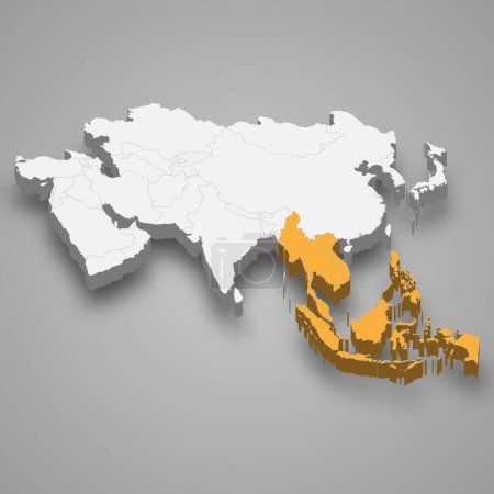 Südostasien Lage innerhalb Asiens 3d isometrische Karte