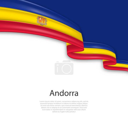 Cinta ondeante con bandera de Andorra. Plantilla para diseño de póster día de la independencia