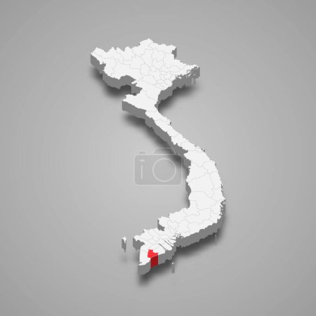 Bac Lieu region highlighted in red on a grey Vietnam 3d map
