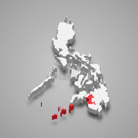 Bangsamoro region highlighted in red on a grey Philippines 3d map