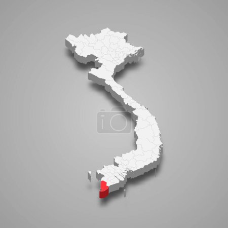 Région de Ca Mau surlignée en rouge sur une carte 3d grise du Vietnam