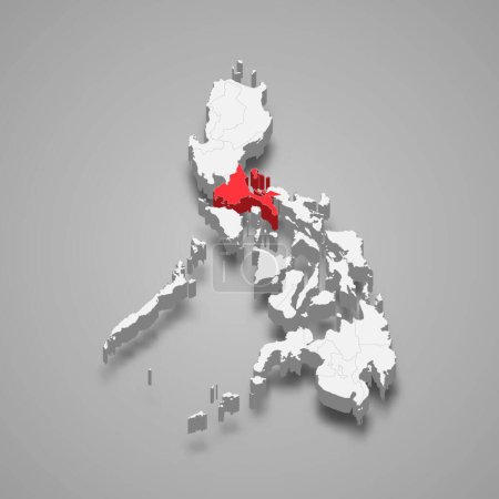 Illustration for Calabarzon region highlighted in red on a grey Philippines 3d map - Royalty Free Image