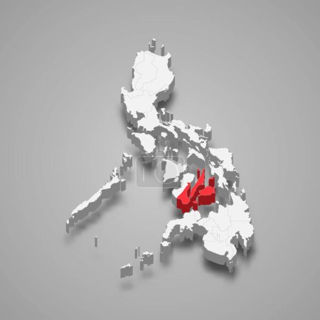 Central Visayas region highlighted in red on a grey Philippines 3d map