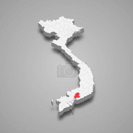 Région de Dong Nai surlignée en rouge sur une carte 3D grise du Vietnam