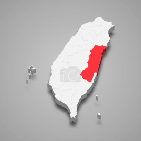 División del Condado Hualien resaltada en rojo en un mapa gris de Taiwán 3d
