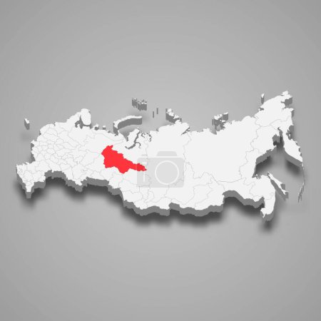 Khanty-Mansi región resaltada en rojo en un mapa gris de Rusia 3d