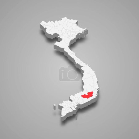 Téléchargez les illustrations : Région de Lam Dong surlignée en rouge sur une carte 3D grise du Vietnam - en licence libre de droit