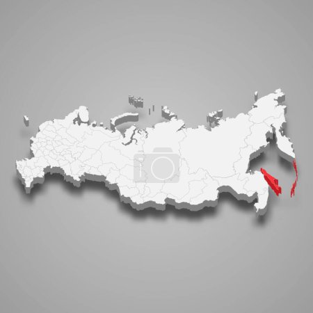 Sakhalin region highlighted in red on a grey Russia 3d map