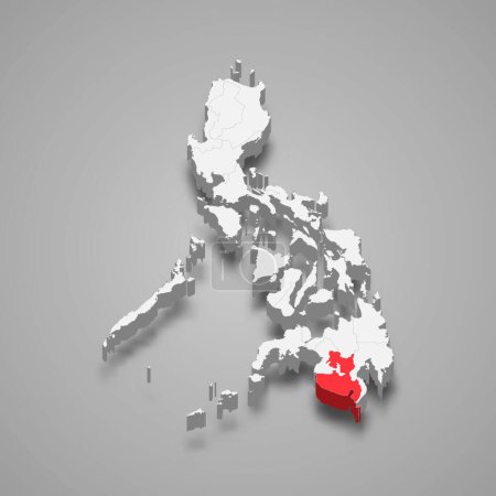 Région de Soccsksargen surlignée en rouge sur une carte 3d grise Philippines