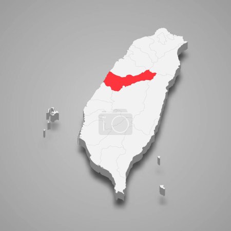 Téléchargez les illustrations : Division Taichung City surlignée en rouge sur une carte 3d Taïwan grise - en licence libre de droit
